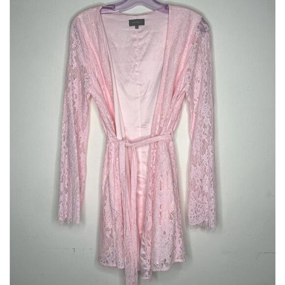 Marjorelle Pale Pink Lace Long Sleeve Tie Waist Kimono Wrap Mini Dress Robe M - Picture 2 of 12